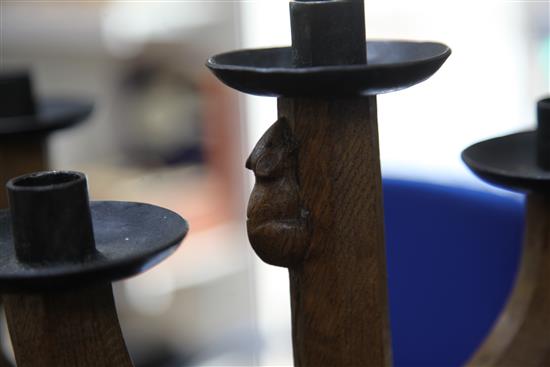 A pair of Robert Mouseman Thompson oak candelabra, 15in.